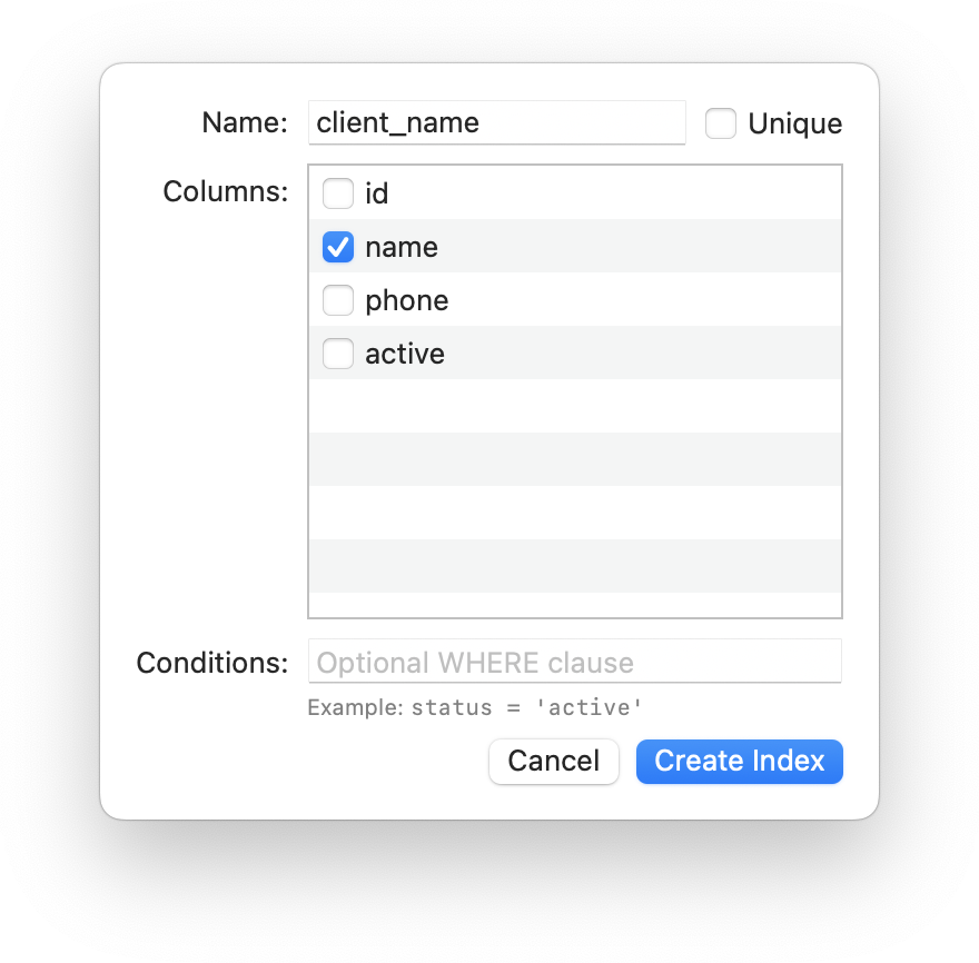 Add index dialog
