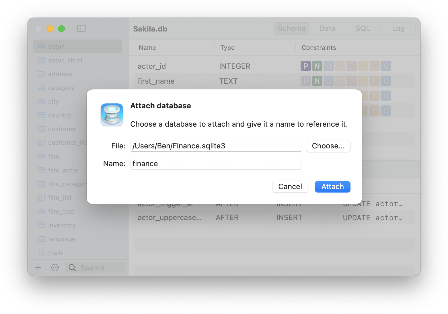 Attach database dialog