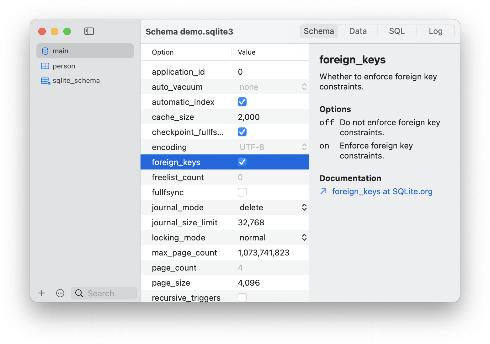 Database options view