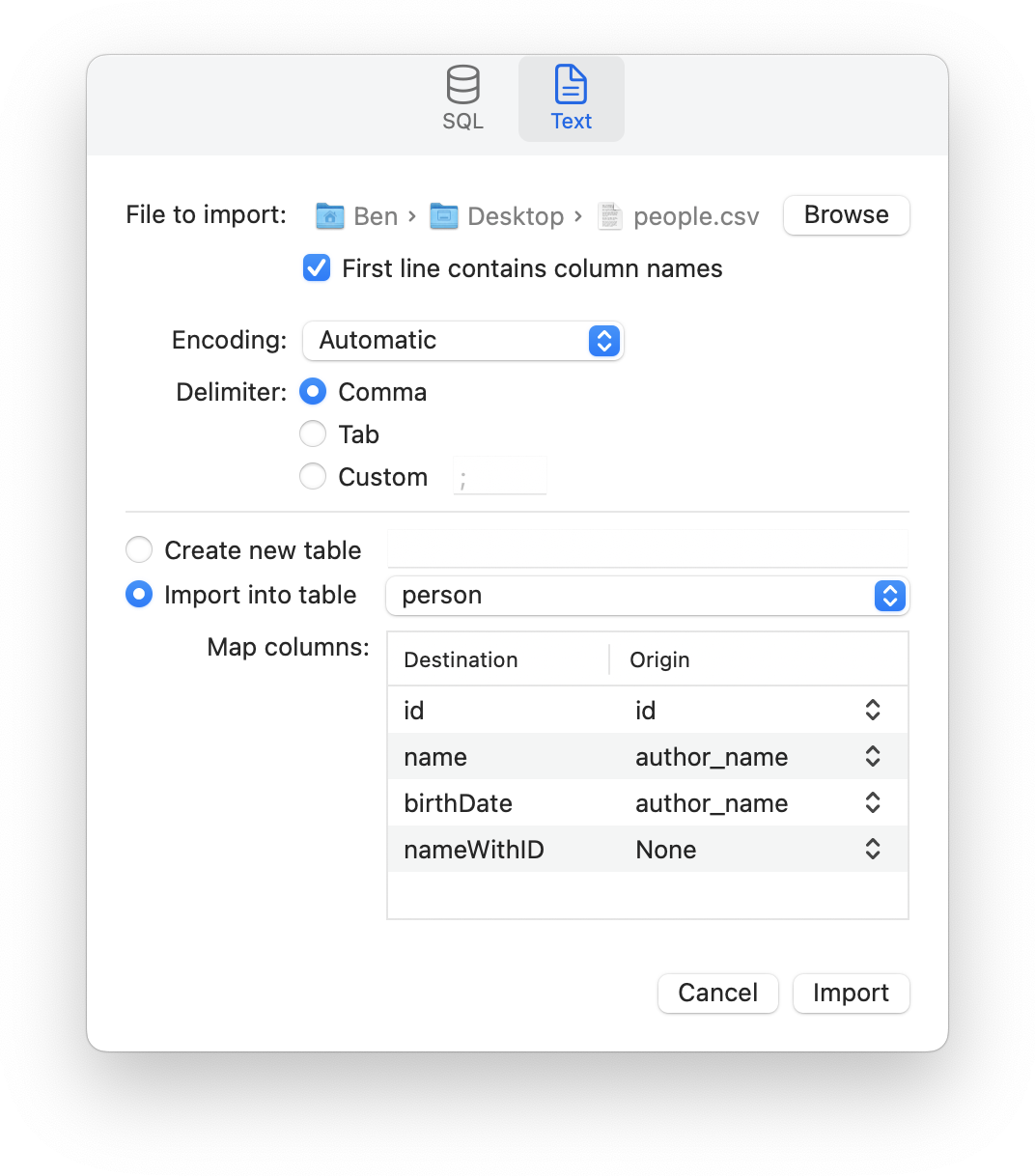 Import dialog