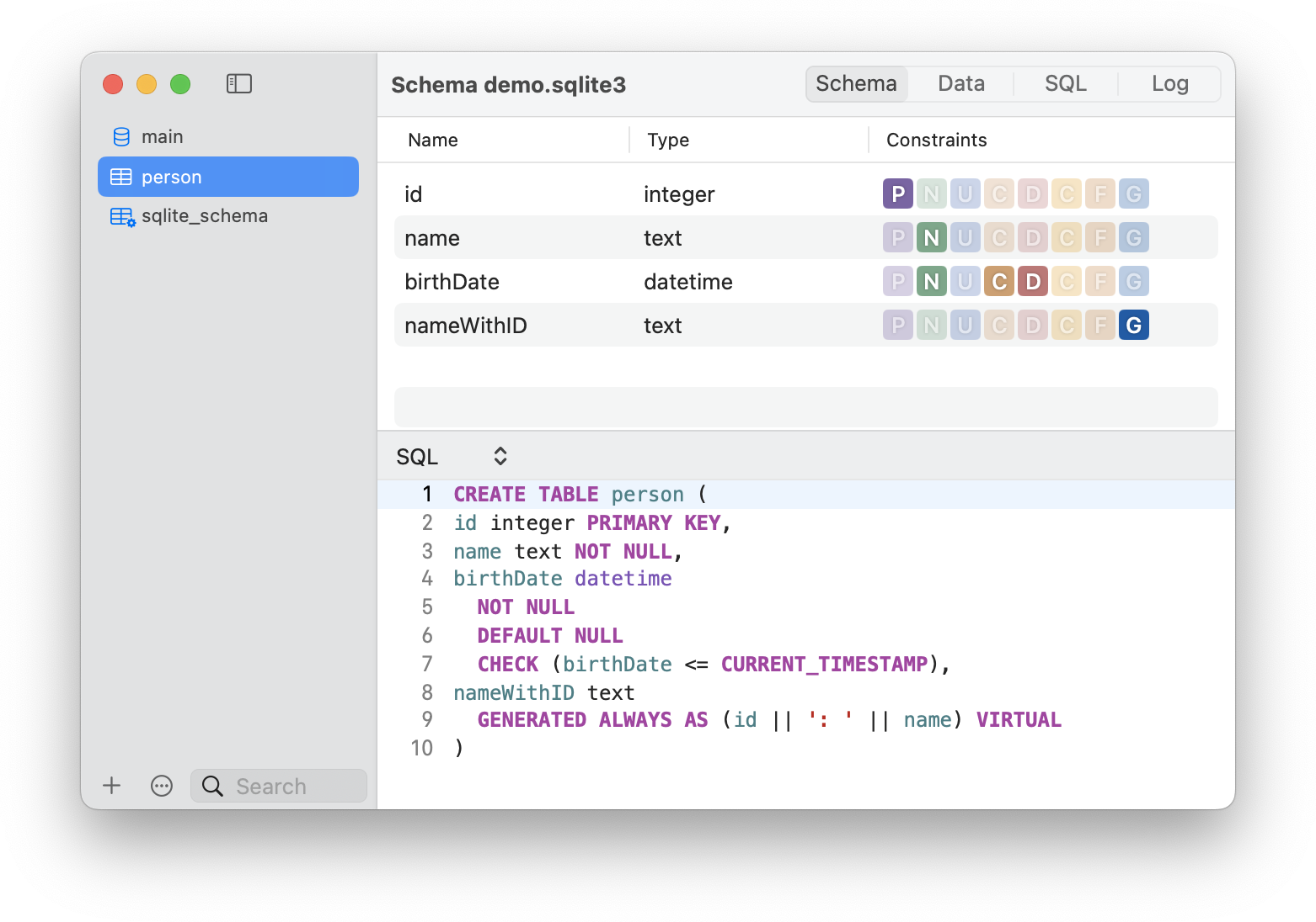 Table schema view